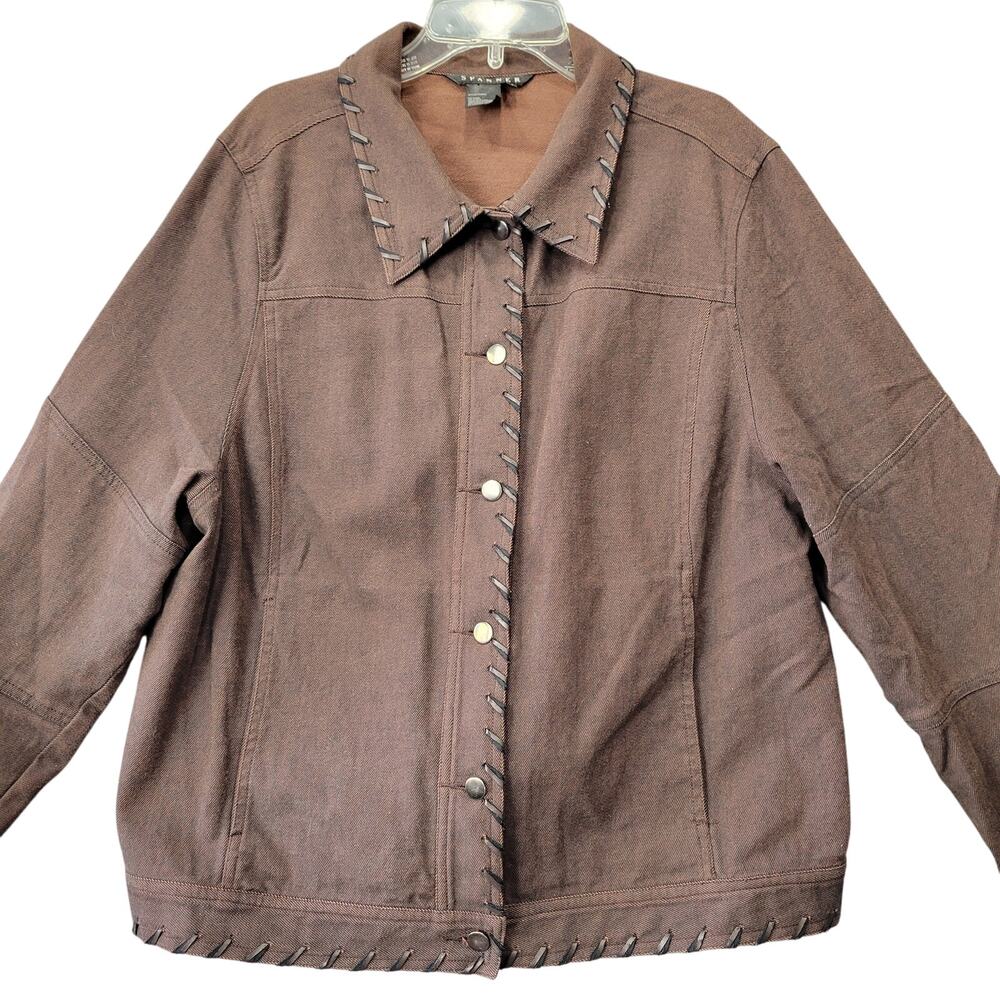 Spanner Brown Trim Jacket Stretch Long Sleeves Buttons Women XL Lightweight Coat
